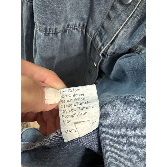SHEIN Denim Dress Medium Snap Tiered Blue Cotton Long Sleeve Chambray - Picture 3 of 7